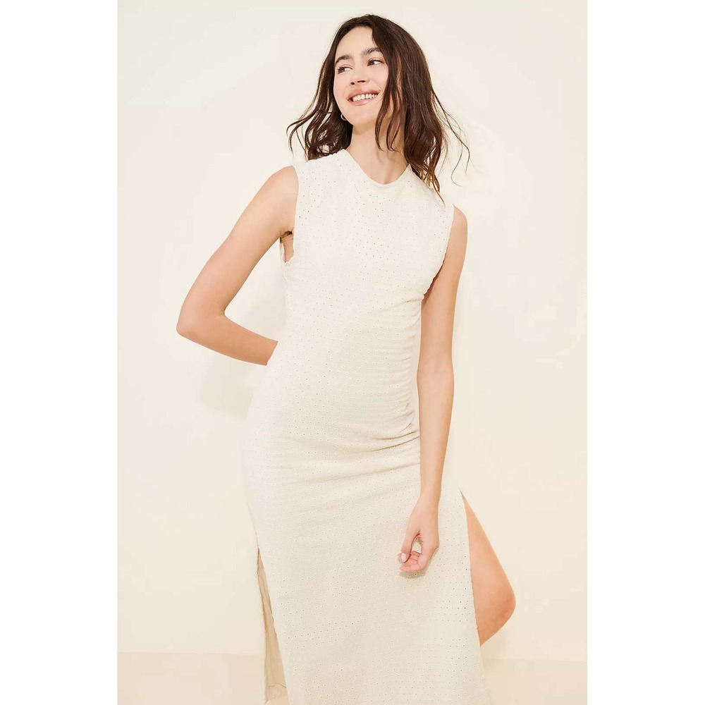Free People Eventide Midi Dress Cream Natural Eyelet Open Back Size L NWT